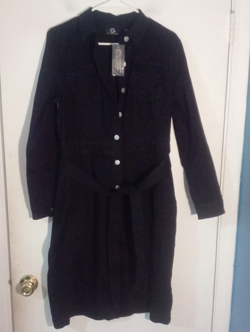 G By Giuliana Black Button-Front Denim Dress with Belt Large NWT